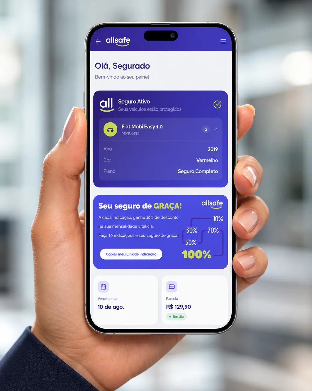 Aplicativo AllSafe aberto em um celular